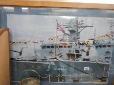 A large framed picture of a battle ship. Collect only.