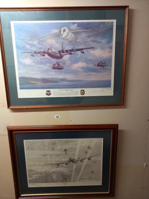 2 framed, glazed and signed aircraft prints Hercules 'Night Owl' and black and white sketch of