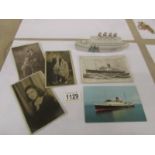 A Carlton ware Crested model of the Lusitania with shipping and other pictures.