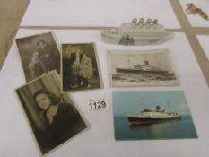 A Carlton ware Crested model of the Lusitania with shipping and other pictures.