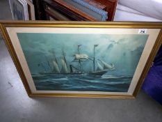 A large gilt framed print of SS Great Britain first steel hulled ship by I.K Brunel.