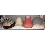 A leaded glass lampshade and 1 other and 2 vintage fabric shades