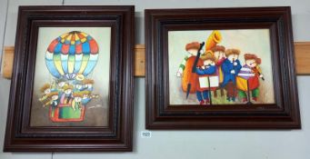 2 Joyce Roybal oil paintings on canvas, Hot air balloon ride and Musical quintet.