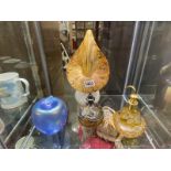 Art glass and 2 glass perfume bottles and paperweight.