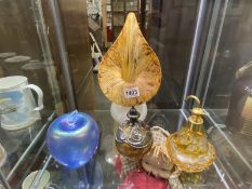 Art glass and 2 glass perfume bottles and paperweight.