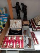 A pair of 19th Century Spelter figures A/F, and a quantity of vintage cutlery sets etc.