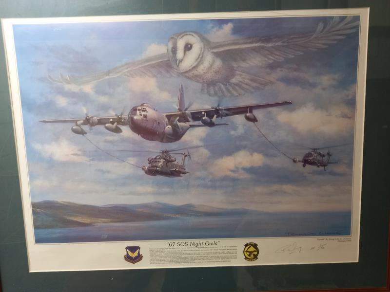 2 framed, glazed and signed aircraft prints Hercules 'Night Owl' and black and white sketch of - Image 2 of 3