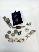 A silver coin bracelet A/F and a silver Siam pendant, bracelet and brooch.