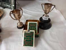 A 1939 Birmingham silver trophy engraving worn, 2oz or 57g and plated trophy on silver banded base