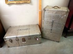 2 Vintage metal travel trunks for Lt Col. E.S. Foster. 92cm x 53cm x 37cm. Lincoln interest. Collect