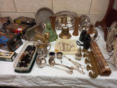 A selection of silver plate and brass including tureen Titanic bell etc.