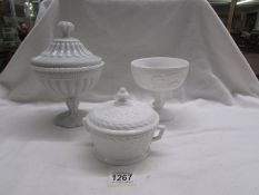 A Victorian Opalin lidded footed bowl, another footed bowl and a lidded bowl.