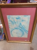 A large gilt framed print of a watercolour of a vintage bicycle (66cm x 92cm) COLLECT ONLY