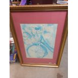 A large gilt framed print of a watercolour of a vintage bicycle (66cm x 92cm) COLLECT ONLY