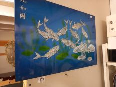 A signed Chinese lacquered wall plaque decorated with mother of pearl. Collect Only. 60cm x 39.5cm.