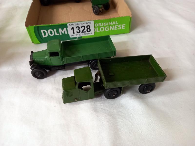 A DInky 25 series lorries 2x type 2 with smooth hubs, type 3 covered wagon pre war mechanical - Image 2 of 4