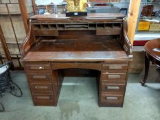 An old oak double pedestal roll top desk, COLLECT ONLY.