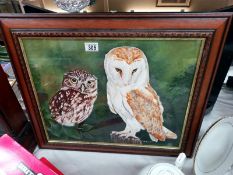 A signed painting of 2 owls titled UFO and Holly, signature indistinct.