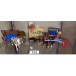 4 vintage Britain's farm carts with horses and a hay rake with horse and drawer.