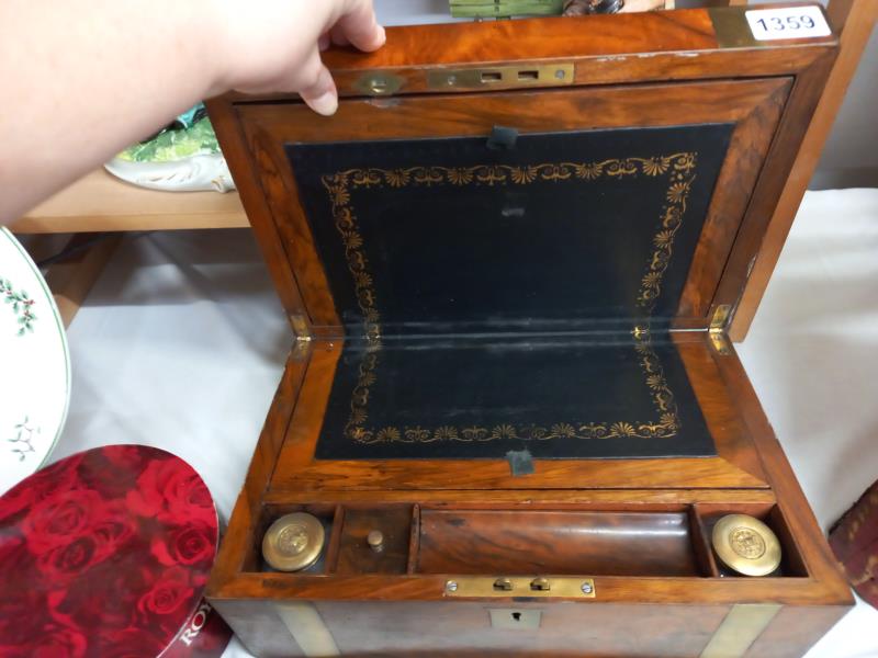 A Victorian mahogany brass banded writing box with ink bottles. - Image 2 of 3