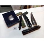 3 boxed cut throat razors, Wrens Boot polish advertising shoe horn and boxed silver plated cigar