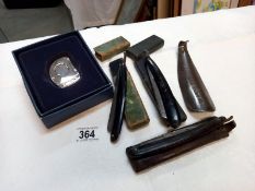 3 boxed cut throat razors, Wrens Boot polish advertising shoe horn and boxed silver plated cigar