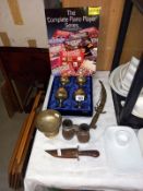 4 cased brass goblets, brass ceremonial daggers, old binoculars etc