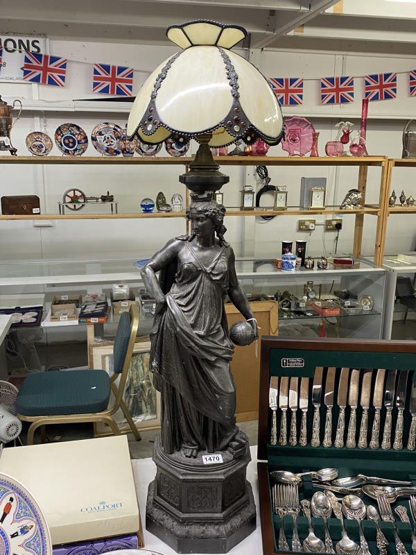 A tall bronze and spelter figure of a Lady with glass shade 100cm tall. (Requires rewiring).