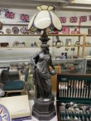 A tall bronze and spelter figure of a Lady with glass shade 100cm tall. (Requires rewiring).