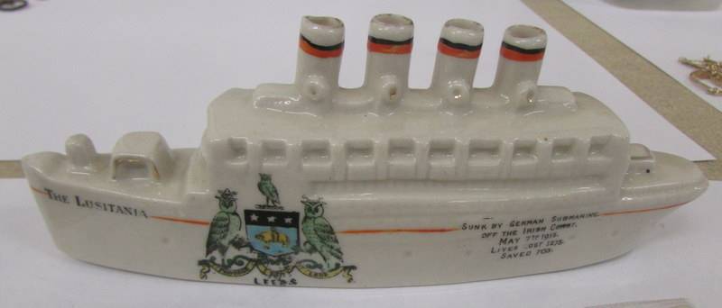 A Carlton ware Crested model of the Lusitania with shipping and other pictures. - Image 4 of 5