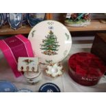 A Spode Christmas tree plate and Royal Albert Old Country Roses musical wishing well and tea light