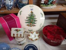 A Spode Christmas tree plate and Royal Albert Old Country Roses musical wishing well and tea light