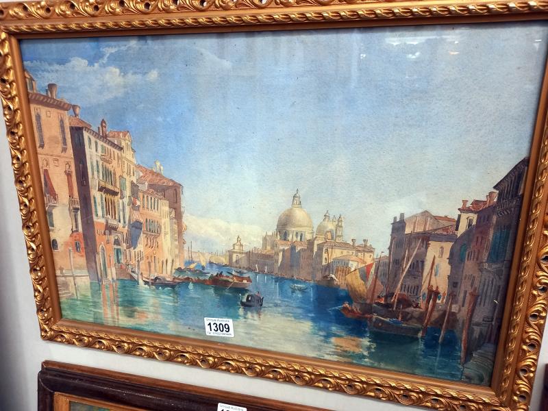 A gilt framed and glazed watercolour Venetian scene, unsigned. - Image 2 of 2