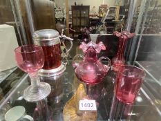 5 items of ruby glass including tamkard and vases.