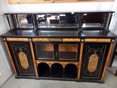 A Victorian hand painted and inlaid ebonised credenza. COLLECT ONLY. Just a single shelf above,