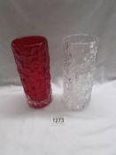 Two Whitefriars pattern9690 7.5" bark vase in ruby red and clear flint.