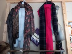 A Luke Eyres scarf (New), 2 skull scarves, a Sax Fifth Avenue scarf etc ( hangers included).
