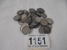 55 pre-1946 silver threepenny coins, approximately 76 grams.