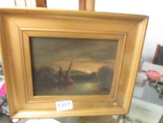 A late Victorian gilt framed oil on board signed C Morris, needs cleaning, 29 x 24 cm.