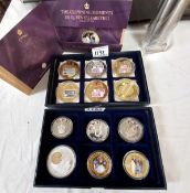 Twelve assorted commemorative coins including some featuring bank notes.