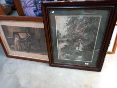 2 large Edwardian framed prints, piano player & feeding ducks