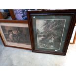 2 large Edwardian framed prints, piano player & feeding ducks