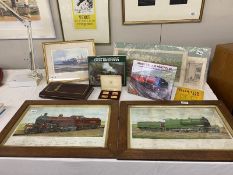 A pair of vintage framed information prints on steam trains and books and album of photgraphs of