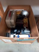 A box of vintage photographic equipment including cameras etc.