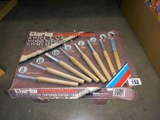 A boxed Clarke 8 piece wood turning chisel set