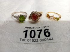 3 sterling silver rings -garnet gold plated, peridot/diamond sterling silver ring, mixed gems gold