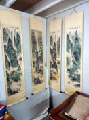 4 Chinese signed watercolours, scroll style wall hangings. Image 33cm x 129 cm, total 174 cm x 39.