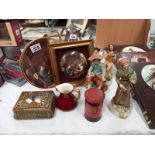 A tinplate pillar box money box, Irish wade trinket box, framed pot lid, Carlton ware, rouge