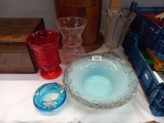 An art glass bowl with hairline crack and 3 vases and Victorian overlaid pin dish.