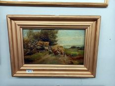 A late Victorian oil on canvas with hay cart, unsigned.